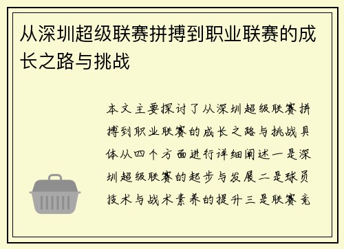 从深圳超级联赛拼搏到职业联赛的成长之路与挑战