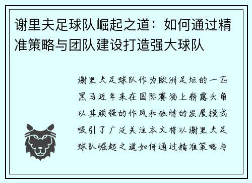 谢里夫足球队崛起之道:如何通过精准策略与团队建设打造强大球队
